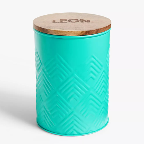 . LEON Tin Storage Jar with Acacia Wood Lid, 1.5L, Aqua